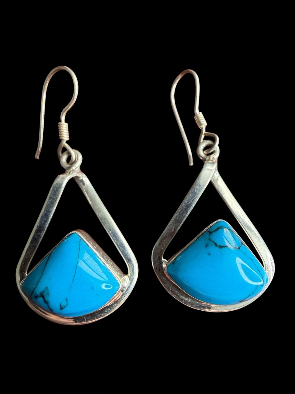 925 Mexico Sterling Silver Turquoise Dangle Earrings Open Triangle Frame